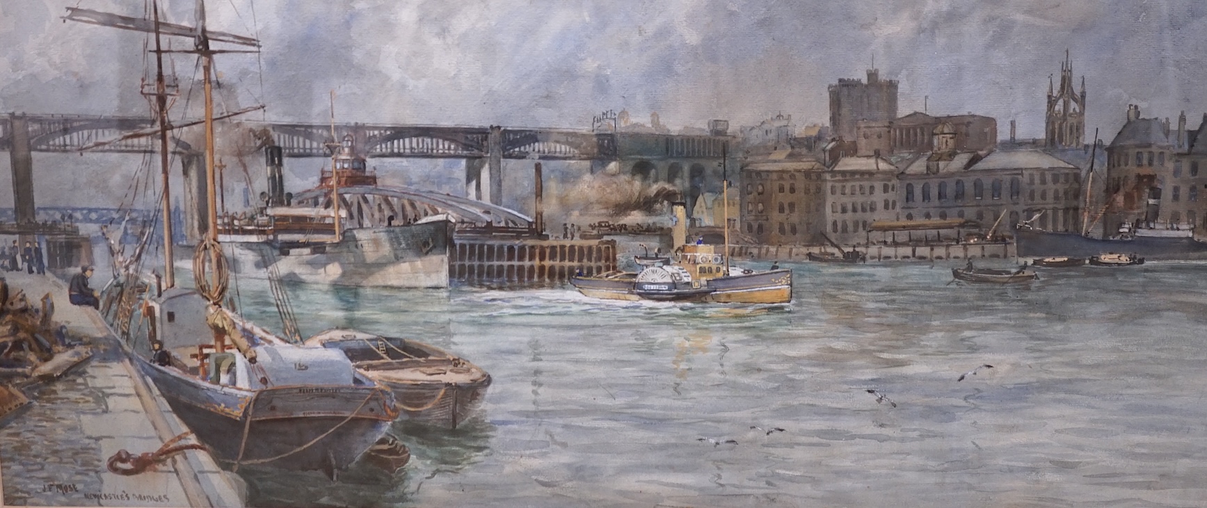 J.F. Muse, watercolour, 'Newcastle Bridges', signed and inscribed, 33 x 75cm. Condition - fair to good
